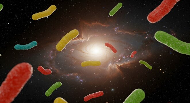 Vibrant Microorganisms Drifting Across a Distant Spiral Galaxy, Illustrating Cosmic Life and Microscopic Wonders in an Abstract Science Concept - Powered by Adobe