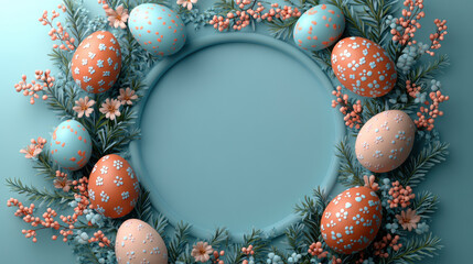 Colorful pastel Easter eggs blue background. Mockup, frame, copy space, top view, monochrome pastel, flat lay, celebration banner. Holidays concept, 3d rendering