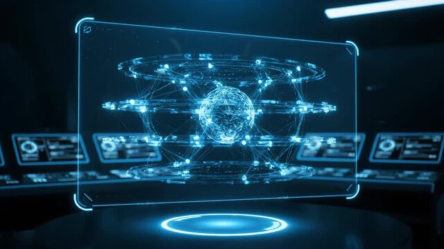 Cinematic shot of a sleek, transparent holographic display rotating complex 3D data visualizations and intricate network connections in a dark, futuristic environment cinematic shot, virtual, energy - Powered by Adobe