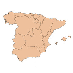 Fototapeta premium Editable vector silhouette of the European country of Spain, divided into its main administrative regions.