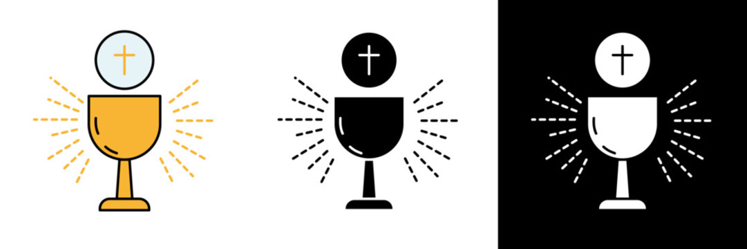 Holy chalice with host and radiant lines in color, black, and white. Religious Eucharist symbol representing communion and holiness. Perfect for Christian themes.