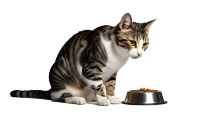 Cat Eating from Metal Bowl, Isolated Indoor Animal Photo, Realistic PNG Style, White Background, Close-up, No Text