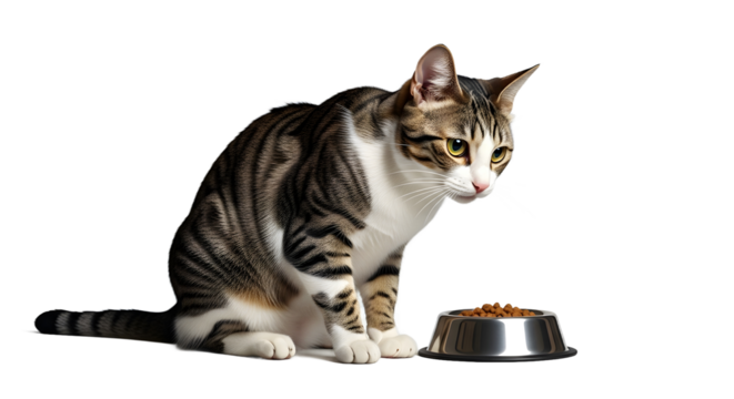 Cat Eating from Metal Bowl, Isolated Indoor Animal Photo, Realistic PNG Style, White Background, Close-up, No Text
