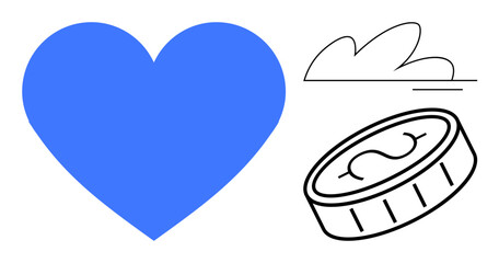 Blue heart next to dollar coin and minimal cloud symbols of love, value, and balance. Ideal for charity, finance, health, donations, emotions wellness savings. Simple flat metaphor
