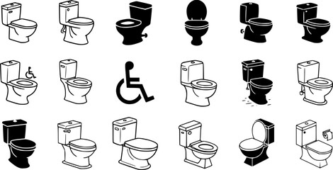 Collection of Toilet Icons in Various Styles and Settings
