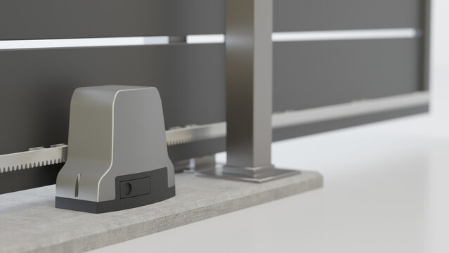 Automatic sliding gate motor on concrete base &ndash; 3D illustration of modern gate opener mechanism