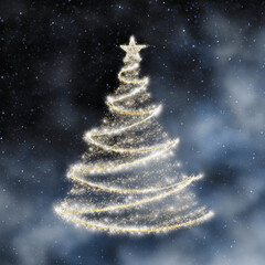 Brightly glowing Christmas tree shape decorated with sparkling lights against a night sky backdrop