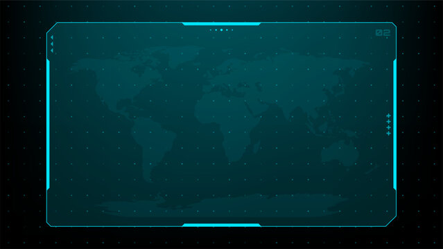 Futuristic user interface display with world map background for digital data analysis. Technology screen for global network, communication concept.