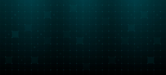 Grid overlay with small circles and squares on dark background. Digital head up display vector graphic for technology and data concept. © hiten666