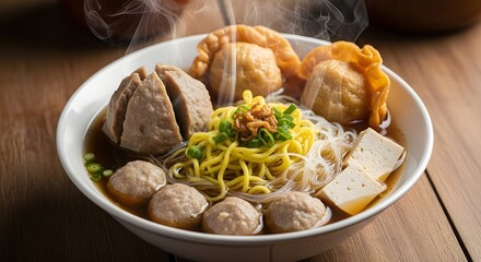 Close-up of Steaming Hot Indonesian Bakso with Noodles, Tofu, and Pangsit