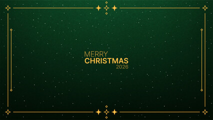 Merry Christmas 2026 vector on green background with stars and gold decorative frame. Holiday greeting card design for Winter celebration. © hiten666