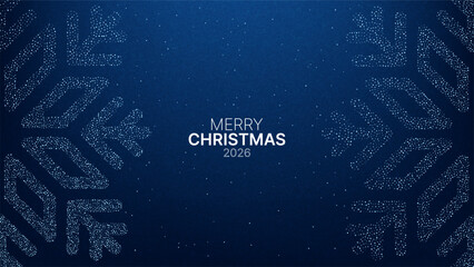 Merry Christmas 2026 greeting text with stardust snowflake design on dark navy blue background for holiday card and winter season celebration