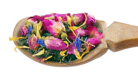 green blended tea. green tea leaves with dried rose flowers in a wooden spoon isolated on transparent background.