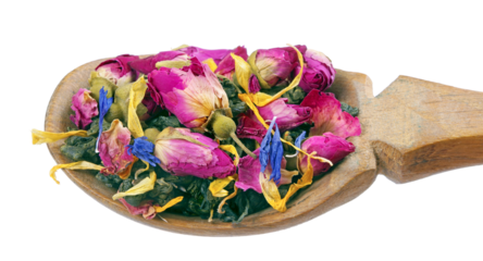 green blended tea. green tea leaves with dried rose flowers in a wooden spoon isolated on transparent background.