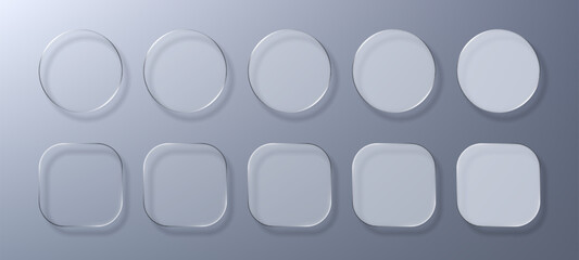 Set of liquid glass morphism vector elements in various circle and square shapes with transparency. Modern user interface button design.