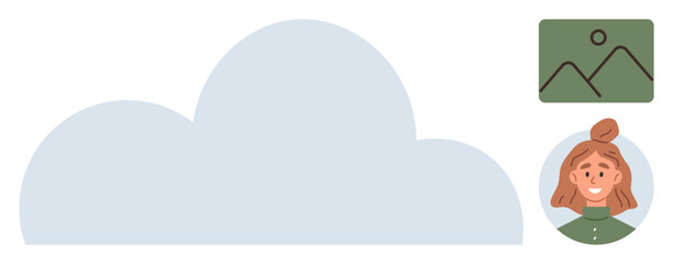 Cloud graphic with female avatar and uploaded image thumbnail. Ideal for data sharing, user profiles, file storage, online interaction, digital security, cloud service, simple flat metaphor