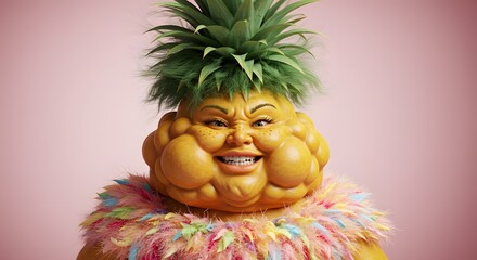 Whimsical Character with Pineapple Head and Feathered Collar - A Playful and Unique Artistic Creation