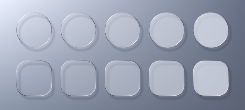 Set of liquid glass morphism vector elements in various circle and square shapes with transparency. Modern user interface button design.