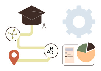 Graduation cap linked to milestones, map pin, analysis chart, and gear. Ideal for learning, education, academic progress, career, study planning achievement skill-building simple flat metaphor