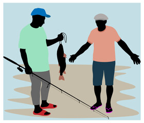 Fishermen with their catch. Vector illustration