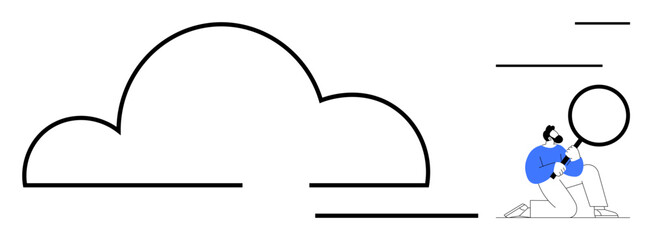 Person kneeling with a magnifying glass examining a cloud, symbolizing data analysis, exploration, and focus. Ideal for technology, cloud computing, research, investigation, analytics innovation