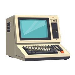 Retro Desktop Computer With A Beige Casing And A Teal Screen Displaying Pixelated Graphics On A White Background