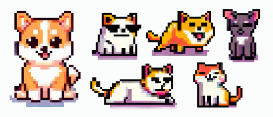 Vector illustration in pixel art style featuring cute cartoon cats and dogs with bold outlines. Theme: playful animals. Colors: orange, yellow, brown, white, grey.