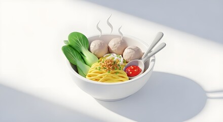 Minimalist 3D Clay Style Bakso Noodle Bowl with Chili Sauce and Bok Choy