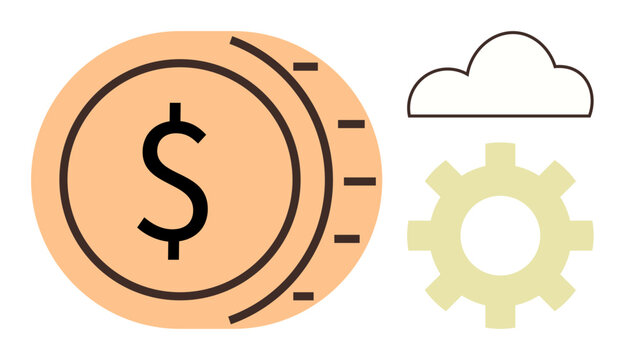 Dollar coin with cloud and gear illustrates financial management, cloud computing, and optimization. Ideal for business, technology, fintech, savings, strategy, finance digital transformation