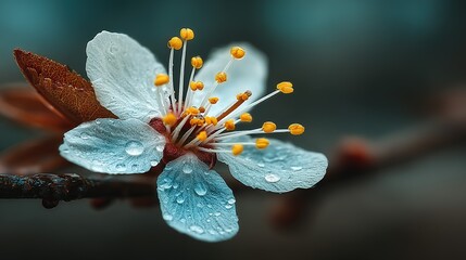 Macro shot of a delicate white cherry blossom flower with dew drops and yellow stamens on a dark, moody background