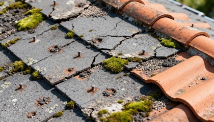Midlevel drone view captures detailed roof surface inspection using highresolution camera for precise damage assessment under natural daylight.