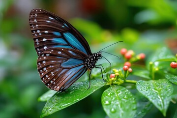Obraz premium Blue and brown butterfly on a green leaf