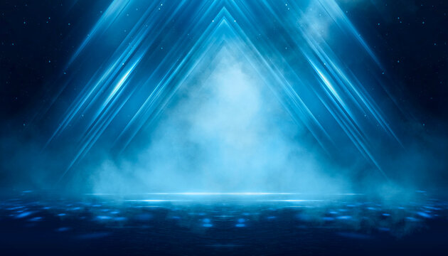 Wet asphalt, reflection of neon lights, a searchlight, smoke. Abstract light in a dark empty street with smoke, smog. Dark background scene of empty street, night view, night city.