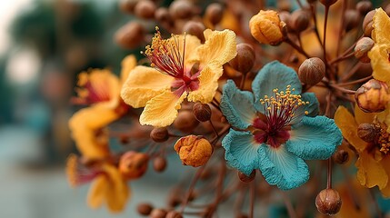 Ethereal Dance of Yellow and Turquoise Blossoms with Delicate Red Stamens