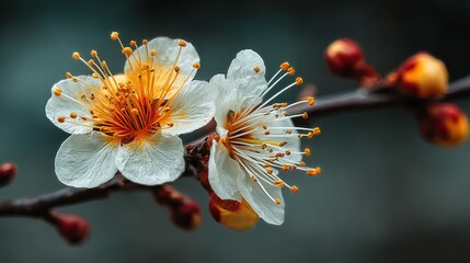 Delicate White Plum Blossoms with Vibrant Orange Stamens and Red Buds on Dark Branch