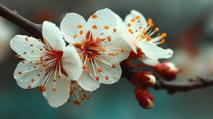 Delicate White Cherry Blossoms with Raindrops, Macro Photography, Springtime Beauty.