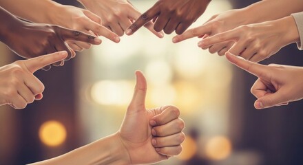 A thumbs-up hand surrounded by fingers pointing inward, representing approval amidst scrutiny or diverse opinions.