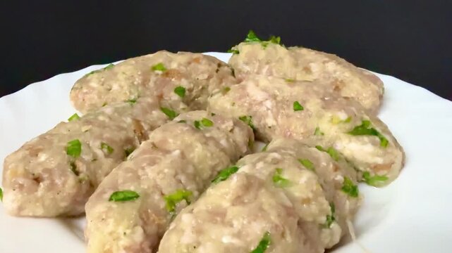 Close-up of raw meat keftedes. Traditional Cypriot food, Mediterranean cuisine.