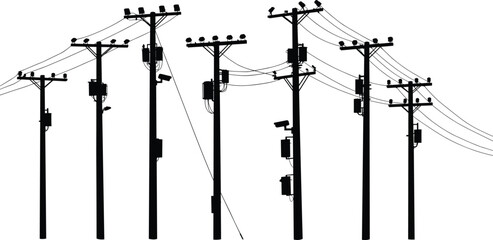 silhouette, pole, utility, power, line, wire, transformer, camera, electricity, structure, design, infrastructure, energy, communication, illustration