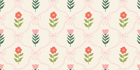 Coquette Floral trellis seamless pattern with bows and ribbons. Preppy spring summer hand drawn flowers. Botanical elegant trendy print. Vintage design for fabric, wallpaper, decor, background, paper