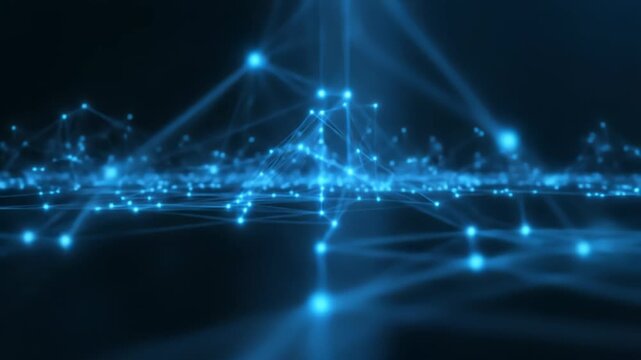 Abstract digital network visualization featuring interconnected glowing blue nodes and pulsing lines on a dark background, representing data flow and connectivity.