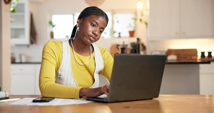 Elearning, woman or bored with laptop in home for thesis research, monotonous study or frustrated. Student, black person or annoyed with typing for distance education or college assessment repetition