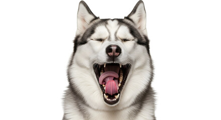 Yawning Husky Dog Portrait, Animal Expression, Studio, White Background, Realistic PNG Style, Isolated, Front View, Conceptual