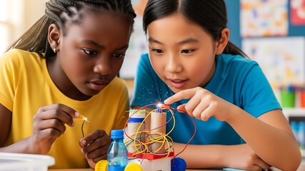 Robotics STEM Project: Two young girls of different ethnicities work intently on a homemade robot, focused on sparking a circuit in their science class.