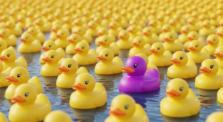 A solitary purple duck stands out amongst a sea of yellow rubber ducks.