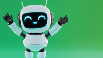 Friendly White Robot with Smiling Blue Screen Face and Open Arms on Green Background