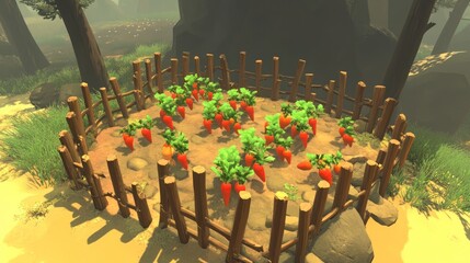 Stylized Low Poly Carrot Garden with Wooden Fence for Farming and Agriculture, Growing Vegetables in Nature