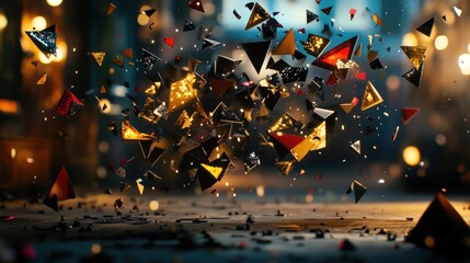 Dynamic Abstract Background with Glittering Geometric Triangles and Particles Scattering, Illuminated by Festive Bokeh Lights