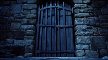 Ancient Dark Blue Wooden Gate with Iron Hardware in a Weathered Stone Wall