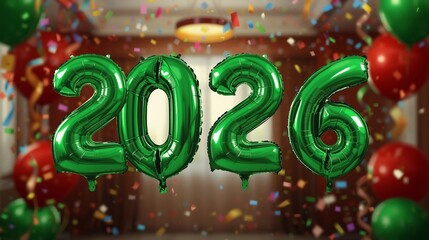 Balloons with big green numbers 2, 0, 2, 6 on a blur background. Holiday and party concept.